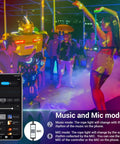 Smart Outdoor Rope Light 49.2ft RGB LED Strip With Music Sync, App Control And RF Remote, party scene with app interface