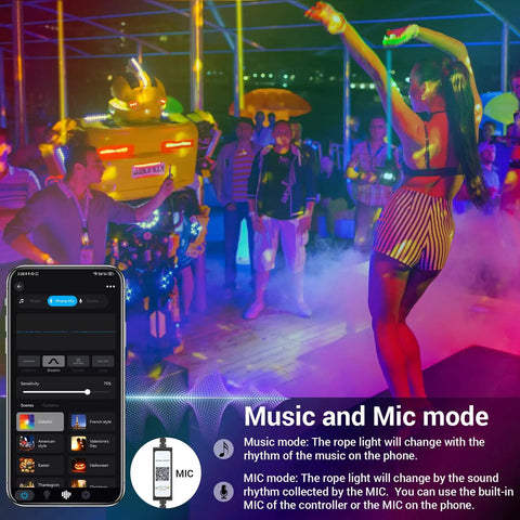 Smart Outdoor Rope Light 49.2ft RGB LED Strip With Music Sync, App Control And RF Remote, party scene with app interface