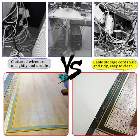 Comparison of cluttered wires vs. tidy floor using Heavy Duty Floor Cable Management Protector Tubing.