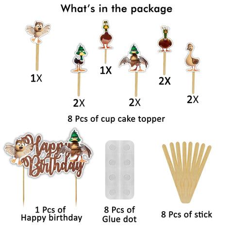 Cupcake toppers with owl designs, including 'Happy Birthday' sign, glue dots, and sticks for cake decoration.