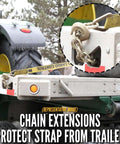Beefy Heavy Duty Chain Ratchet Straps 2 Inch X 27 Foot 2 Pack with Chain Ends and Grab Hooks in use on trailer