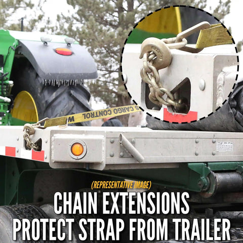 Beefy Heavy Duty Chain Ratchet Straps 2 Inch X 27 Foot 2 Pack with Chain Ends and Grab Hooks in use on trailer