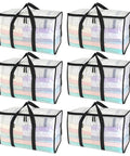 Six Pack Oversized Moving Bags With Reinforced Handles, Heavy Duty Clear Storage Totes for Clothes Shown Packed with Linens