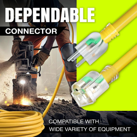 Beefy Ten Three Gauge Outdoor Indoor Extension Cord 3 Prong SJTW Waterproof Flexible Cold Resistant Long Power Cord 15A 125V 1875W Yellow For Home Workshop Job Site Heavy Duty connector and plugs