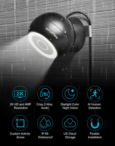 4MP 2K Outdoor Indoor Security Camera With IP65 Weatherproof Housing, Starlight Sensor Color Night Vision, mounted on wall