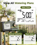 Three Zone Brass Sprinkler Timer For Lawn And Garden with digital display showing start time and rain delay options.