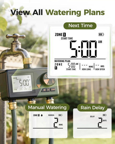 Three Zone Brass Sprinkler Timer For Lawn And Garden with digital display showing start time and rain delay options.