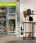 3-Tier Garden Tool Organizer On Wheels Heavy Duty Metal Rolling Storage Cart for rakes, shovels, and brooms in a garage.