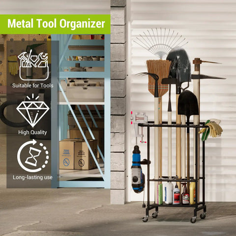3-Tier Garden Tool Organizer On Wheels Heavy Duty Metal Rolling Storage Cart for rakes, shovels, and brooms in a garage.