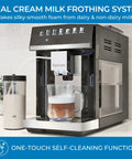 Heavy Hitter Fully Automatic Espresso Maker Featuring Bright Color Touchscreen with milk frothing system and self-cleaning function.
