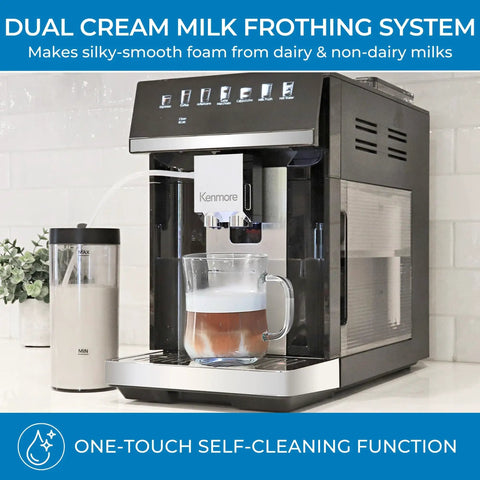 Heavy Hitter Fully Automatic Espresso Maker Featuring Bright Color Touchscreen with milk frothing system and self-cleaning function.