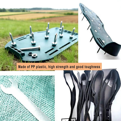 Lawn aerator shoes with spikes for heavy duty yard work, four adjustable straps, green PP plastic construction, soil perforation tool