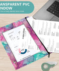Colorful Zippered Coupon Binder Case For School And Office Use With Pink Purple Teal Accent, PVC window with papers visible