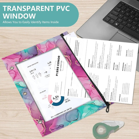Colorful Zippered Coupon Binder Case For School And Office Use With Pink Purple Teal Accent, PVC window with papers visible