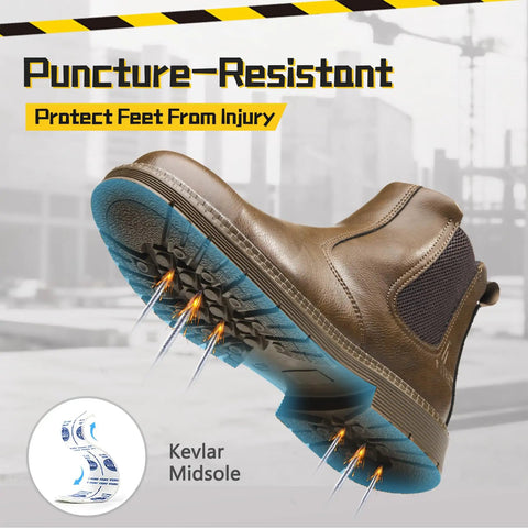 Unisex Steel Toe Chelsea Boots For Work Waterproof Lightweight Comfortable Non Slip Safety Boots With Puncture-Proof Kevlar Midsole And ASTM F2413 Impact Protection For Industrial Construction Sites showing puncture-resistant sole with Kevlar midsole.