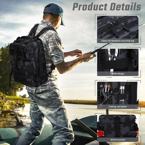 Man fishing with Tactical Fishing Tackle Backpack For All Weather Conditions With Waterproof Oxford Fabric And Heavy Duty Stitching