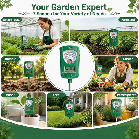 All In One 7 In 1 Soil Test Kit With Rotatable Head For Moisture Ph Fertility Light Intensity Soil Temperature And Air Humidity Digital Display Ideal For Garden Lawn Farm And Indoor Outdoor Plants, green digital meter in garden scenes