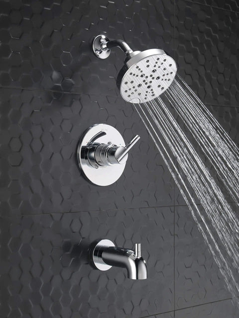 Nicoli 14 Series H2Okinetic Bathtub And Shower Faucet Set with chrome finish shower head and handle on black tile wall