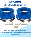 50 Ft High Pressure Washer Hose 3600 PSI Flexible And Kink Resistant Replacement With One Quarter Inch Quick Connect M22 Three Eighths Inch Adapters Heavy Duty Power Washer Extension Blue with adapters shown
