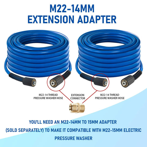 50 Ft High Pressure Washer Hose 3600 PSI Flexible And Kink Resistant Replacement With One Quarter Inch Quick Connect M22 Three Eighths Inch Adapters Heavy Duty Power Washer Extension Blue with adapters shown