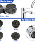 Snag This Faucet Aerator Replacement Kit With Six Stainless Removal Keys For Kitchen And Bathroom Fixtures Universal 32 Piece Internal And External Thread Repair Set M16.5 To M24 showing internal and external aerator inserts.