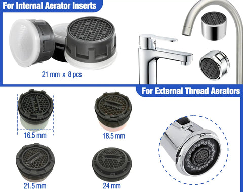 Snag This Faucet Aerator Replacement Kit With Six Stainless Removal Keys For Kitchen And Bathroom Fixtures Universal 32 Piece Internal And External Thread Repair Set M16.5 To M24 showing internal and external aerator inserts.