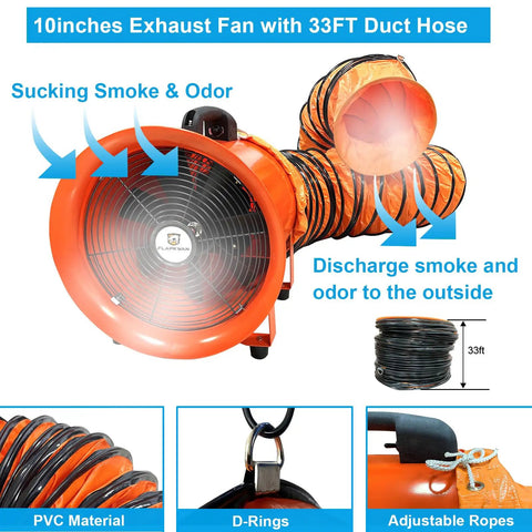 Beast 10 Inch Utility Blower With 3010 CFM, 350W Copper Motor, showcasing 33 ft duct hose for venting dust and smoke