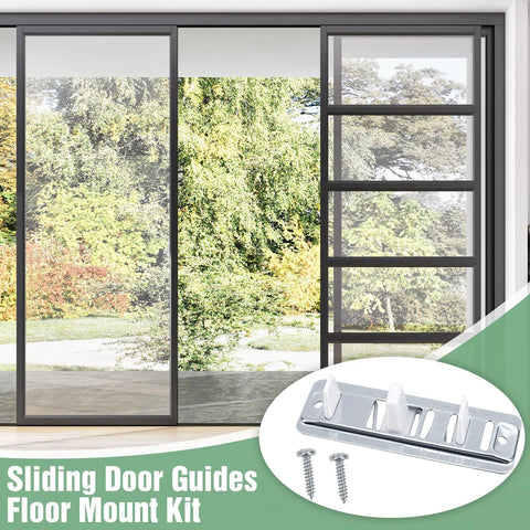 Sliding Closet Door Floor Guide For Bottom Track Systems Adjustable Steel Guides For Floor Screws Hardware Fits Three Quarters Inch To One And Three Eighths Inch Thick Doors Includes One Set With Two Screws Smooth Sliding And Easy Installation, product image showing steel guide and screws with glass doors.