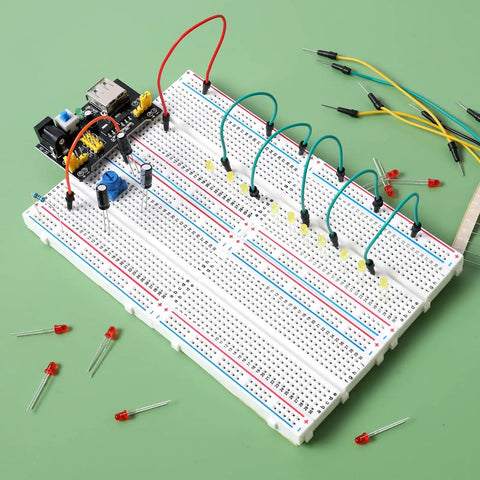 Top view of Six-Piece 400-Pin Solderless Breadboard Set For DIY Prototyping with wires, ideal for Raspberry Pi and Arduino projects