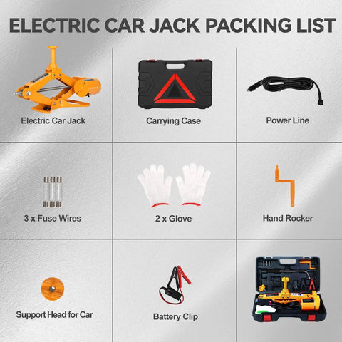 Electric Scissor Car Jack Kit 2 Ton 12V Portable Auto Lift With Fourteen Point Six Inch Range For SUV And Sedan Quick Tire Change Roadside Emergency Jack Durable Alloy Steel One Button Lift packing list showing components and tools.