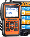 NT510 Elite OBD2 Scanner showing screen with icons and buttons, cable visible, case with features like engine ABS SRS diagnostics