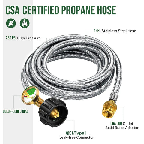 12 Foot Propane Hose Adapter With Gauge For 1lb To 20lb Tanks Anti Bite LP Gas Line shown coiled with brass connections and gauge.