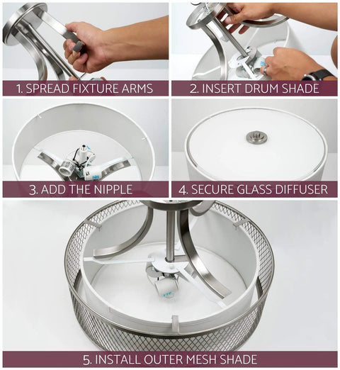 Assembly steps for Linx 16 Inch 3 Light Semi Flush Mount Ceiling Light Fixture with outer mesh shade and white fabric inner shade.