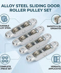 Built Tough 4 Pack Double Wheel Roller Pulleys Slide Like Butter For Sticky Doors Smooth Window Tracks Zero Jam Closet Setup Durable Alloy Steel, showing four alloy steel roller pulleys.