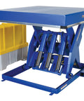 Heavy Duty Electric Hydraulic Scissor Lift Table With 48 By 48 Inch Deck And 10000 Lb Capacity showing hydraulic arms and frame.