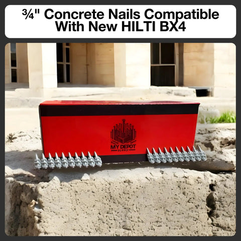 Box of Three Quarter Inch Concrete Nails For BX4 1000 Nailers Heavy Duty Flat Head Shoot Drive Design on concrete surface