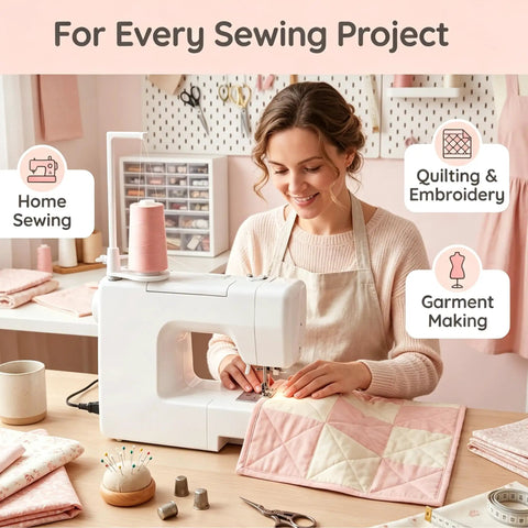 Heavy Duty Thread Spool Stand For Sewing Machines Featuring A Sick Anti Tangle Guide And Jumbo Cone Holder Totally No Sweat Bracket For Quilting Embroidery Setup Straight Up Smooth Operation In White with a white sewing machine and quilt.