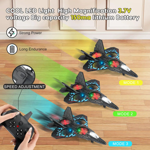 Dual Mode RC Airplane Toy With Watch Remote 2025 Fighter Jet showing multiple modes and LED lights indoors