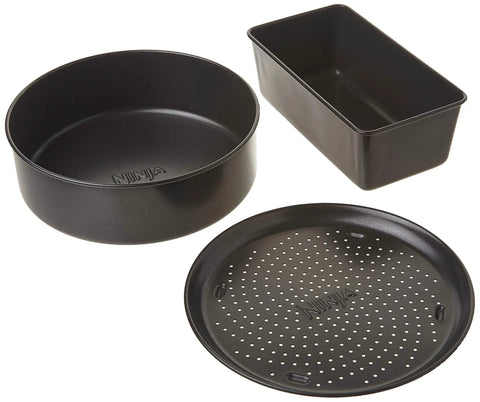 Foodi Deluxe Bake Kit With Three Pans To Level Up Your Bake Game Casseroles And Cakes Crisper Pan For Pizzas Quesadillas And Veggies Loaf Pan For Breads Fits 6.5 Qt And 8 Qt Foodi Compatible Bakeware Set showing round, crisper, and loaf pans