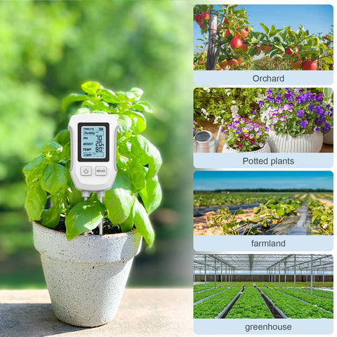 No Fuss All In One 5 In 1 Soil Tester With Dual Probe Digital 2026 Soil Meter in potted plant, showing LCD readings.