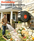 Man using Beefed Up Heavy Duty Wall Mount Retractable Garden Hose Reel With Ninety Foot Reach Five Eighth Inch Hose Auto Slow Return