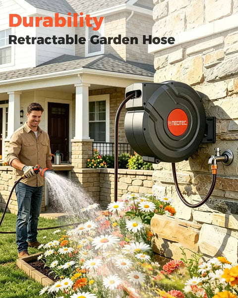 Man using Beefed Up Heavy Duty Wall Mount Retractable Garden Hose Reel With Ninety Foot Reach Five Eighth Inch Hose Auto Slow Return