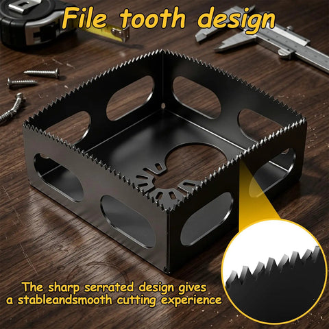 2-Pack Square Slot Cutter Set For Oscillating Multi-Tool showcasing serrated edge for drywall outlet box openings.