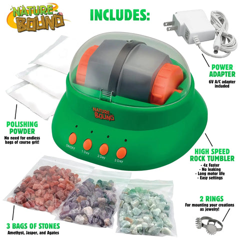 Starter Rock Tumbler Kit For Kids With Fast Polish Includes Rough Gemstones Polishing Grit Jewelry Findings And Kid Friendly Easy Instructions A STEM Science Kit For Young Geologists Ages 8 Plus showing tumbler, stones, and accessories.