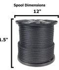 Spool showing dimensions of Half Inch Black Polyester Rope, Solid Braid Dacron Utility Cord, 250 Ft Spool, 12" x 11.5".