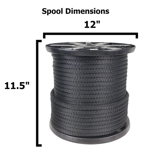 Spool showing dimensions of Half Inch Black Polyester Rope, Solid Braid Dacron Utility Cord, 250 Ft Spool, 12" x 11.5".
