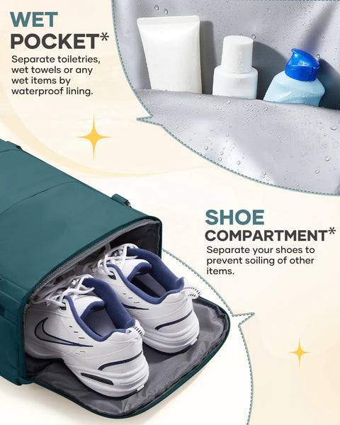 Airline Approved Travel Backpack For Women And Men with shoe compartment and wet pocket, showing sneakers and toiletries inside.