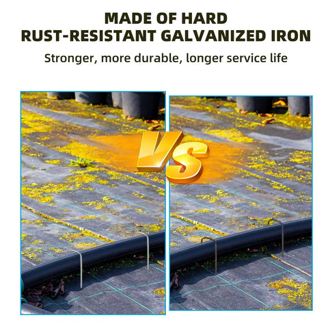 24 Pack Sturdy Garden Landscape Staples 6 Inch Galvanized Steel Sod Pins securing landscape fabric in outdoor garden.