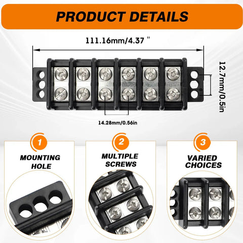 Heavy Duty Double Row Terminal Blocks For 10 To 22 AWG Wiring Stainless Steel Housing 600 Volt 30 Amp Rated Knockout Circuit Connectors product dimensions and mounting features