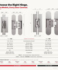Sleek Concealed Door Hinges In Satin Nickel Finish Featuring A Zero Gap Flush Mount Design With Full Mortised Installation showing two models and specifications.